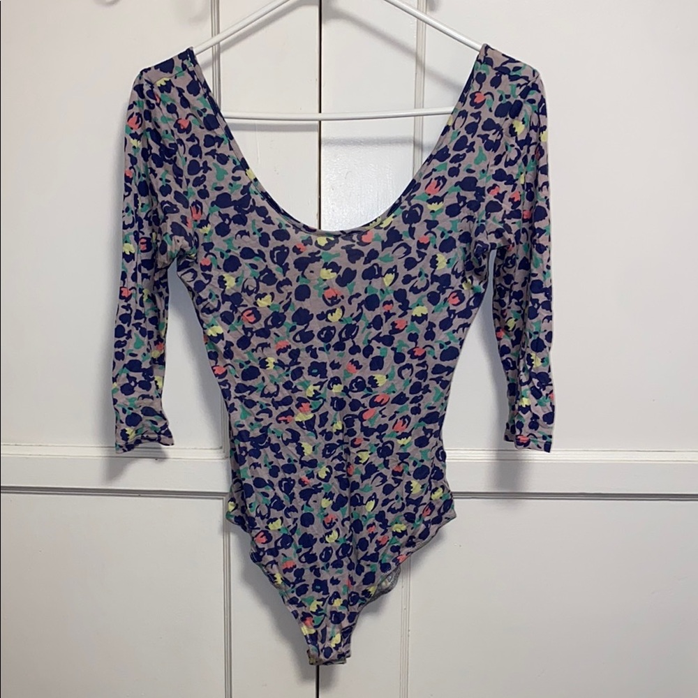 Cooperative Small Navy Floral Bodysuit with Scoop Neckline Three-Quarter Sleeves